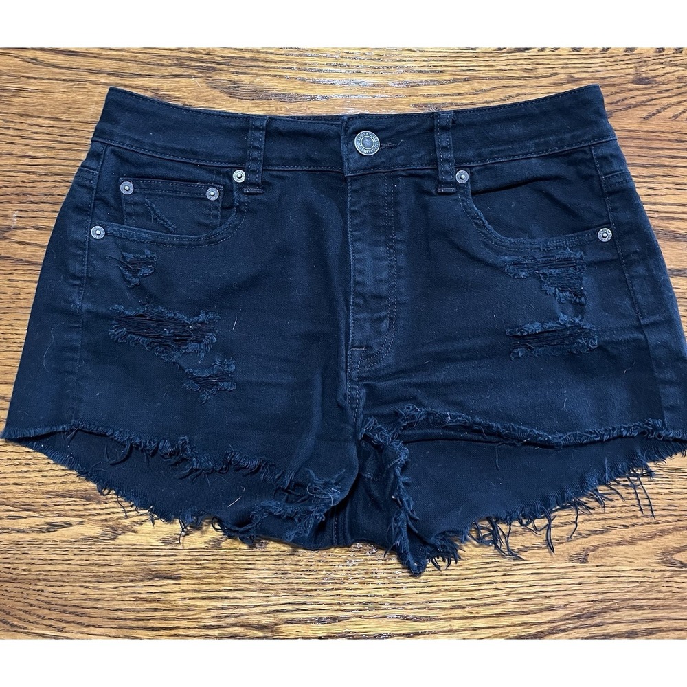 American Eagle Hi-Rise Festival Shorts‎ Womens 10 Black Distressed Frayed Denim